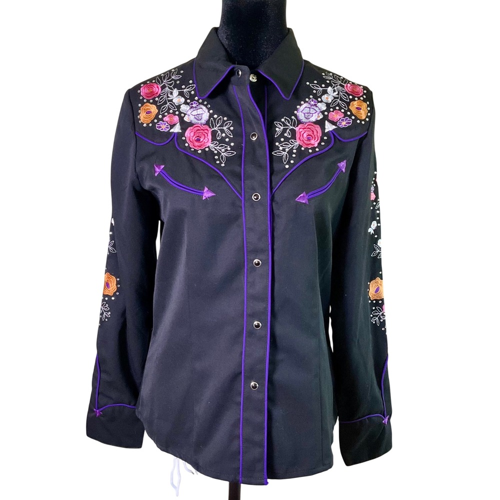 Scully Western Floral Rose Embroidered Pearl Snap Shirt PPL-864 Sz Small Cowgirl